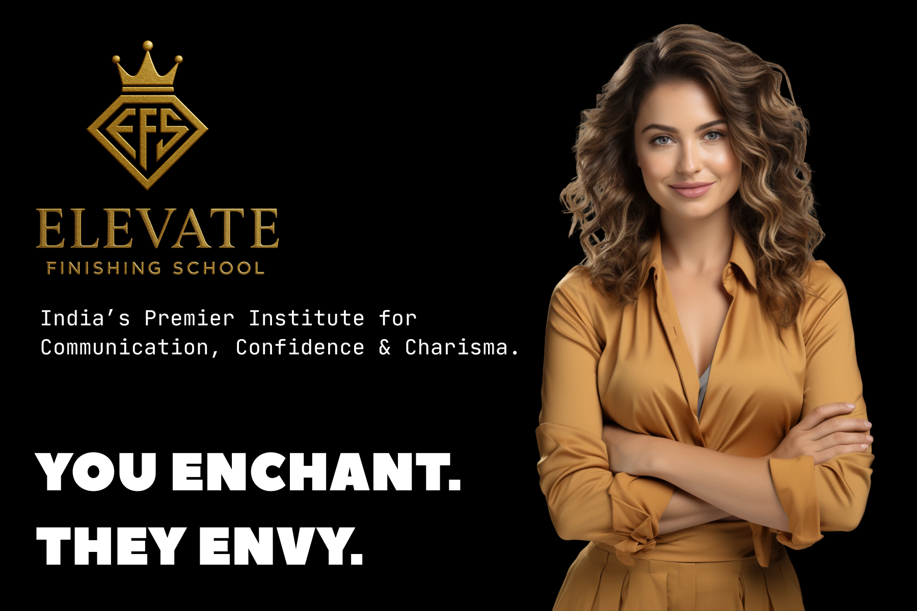 elevate finishing school brand banner with tagline you enchant they envy and confident young woman